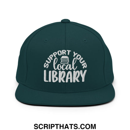 Dark green snapback hat with white embroidered support your local library text and stack of books icon