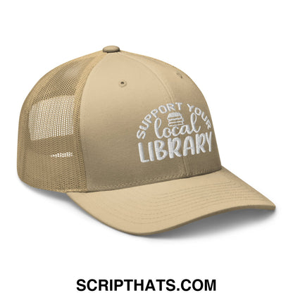 Beige mesh trucker hat with white embroidered support your local library text and small book icon design