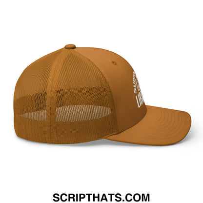 Tan trucker hat with mesh back and white embroidered support your local library text on the side