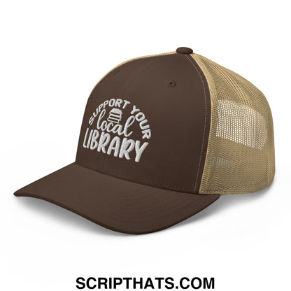 Brown and tan mesh trucker hat with white embroidered support your local library text