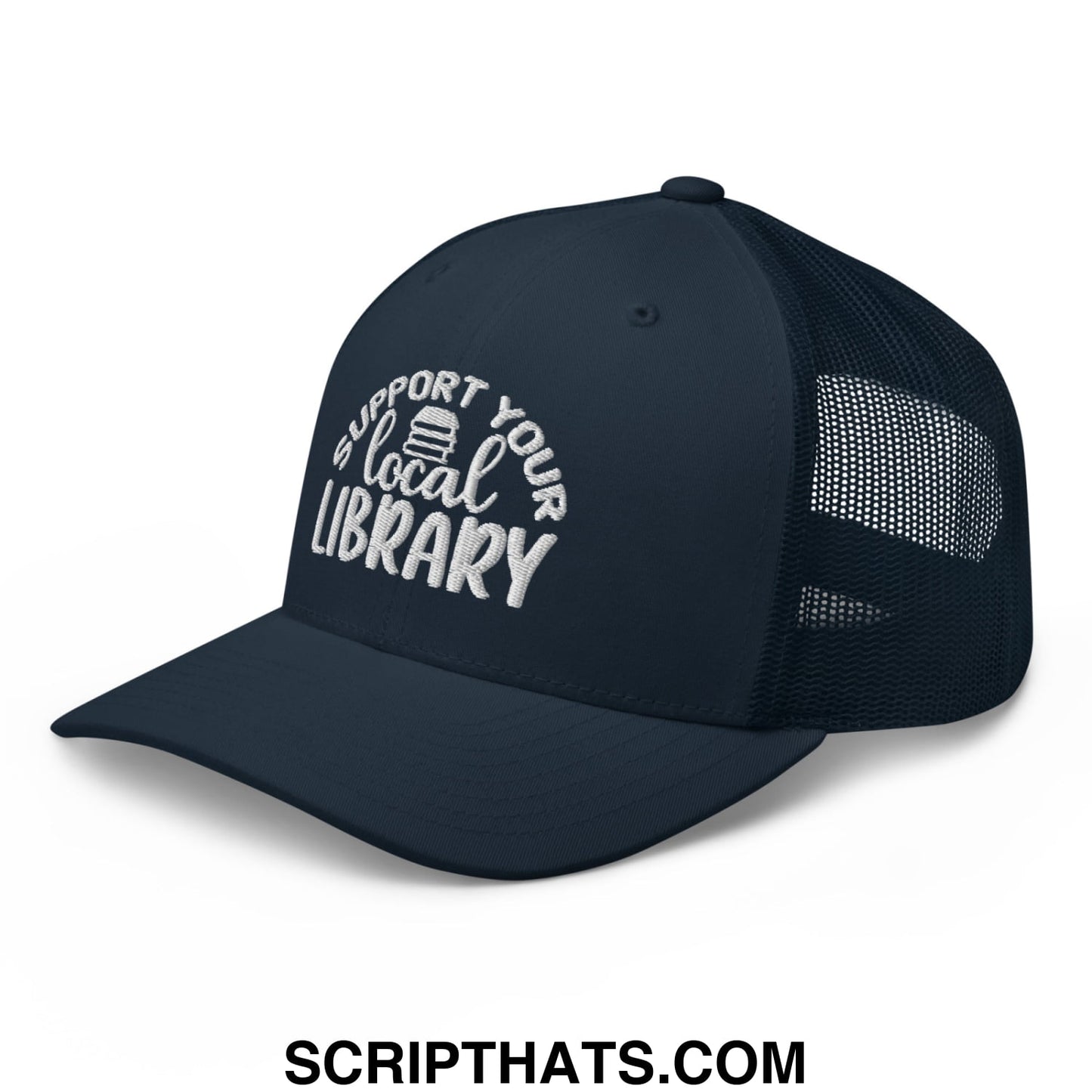 Dark navy mesh trucker hat with white embroidered support your local library text and small book icon above local