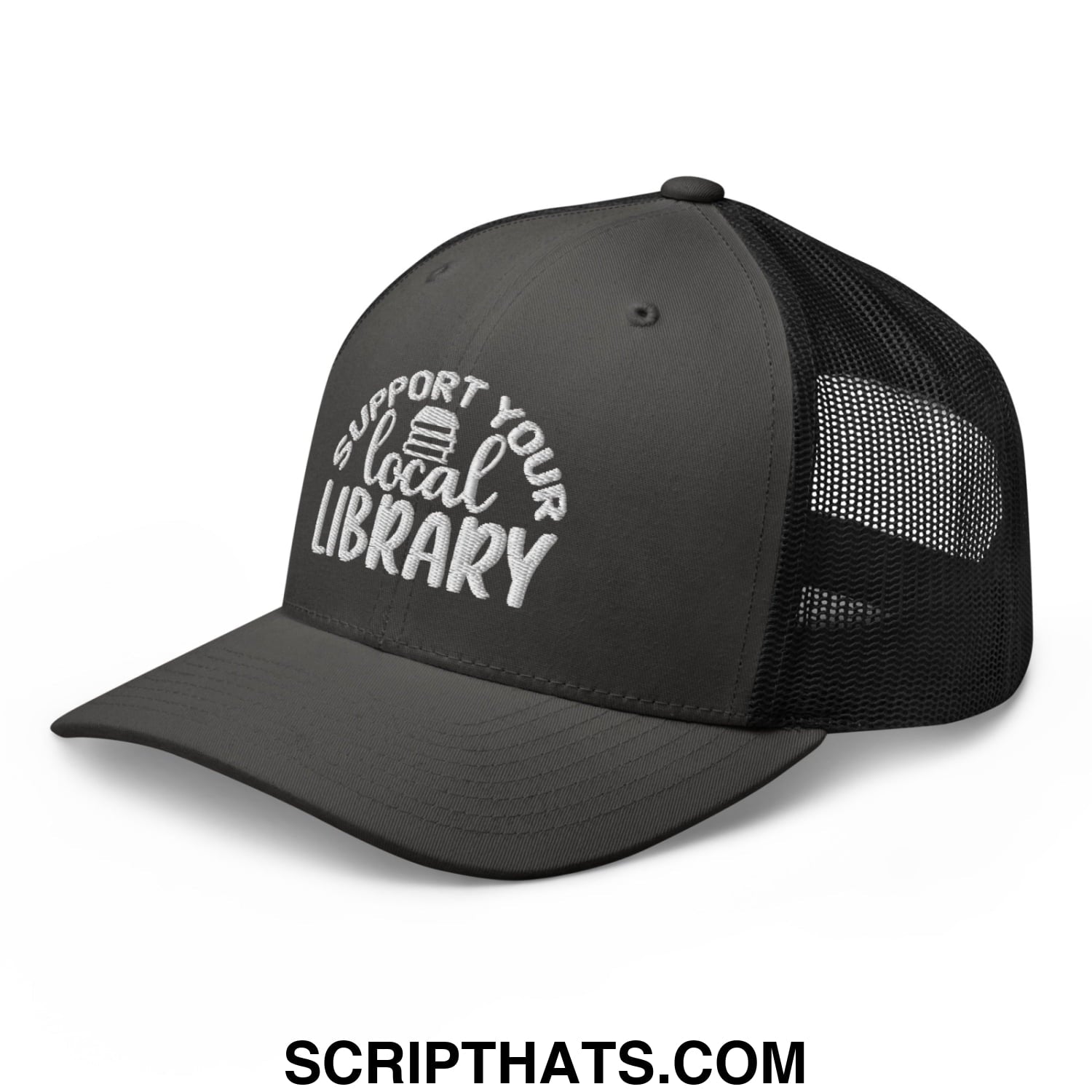 Black mesh trucker hat with white embroidered support your local library text and small book icon