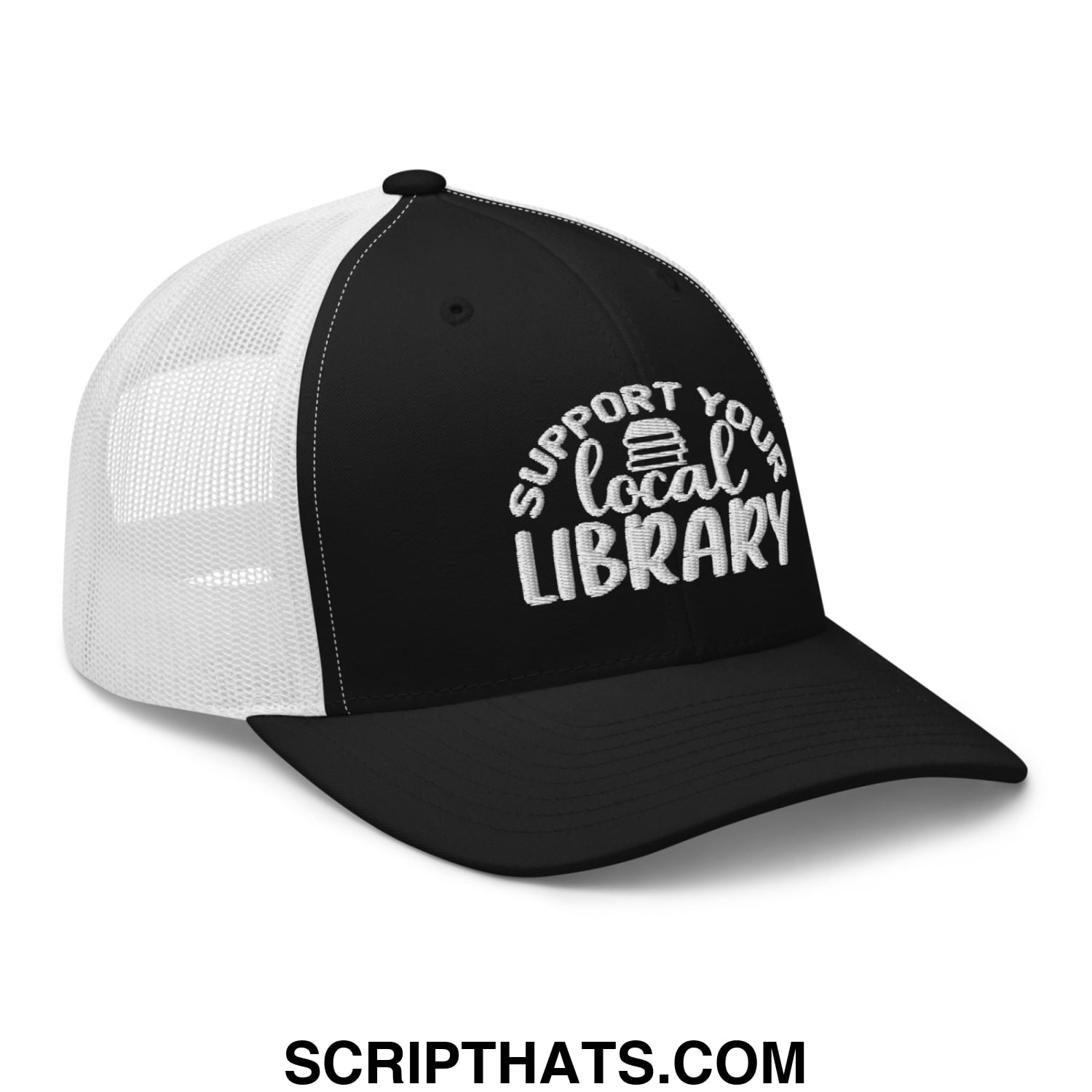 Black and white mesh trucker hat embroidered with support your local library in white script on the front