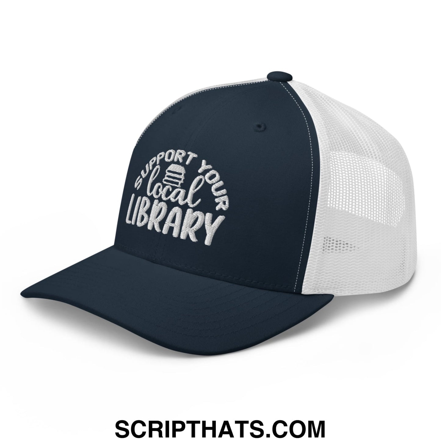 Navy blue and white mesh trucker hat with embroidered support your local library text in curved script design