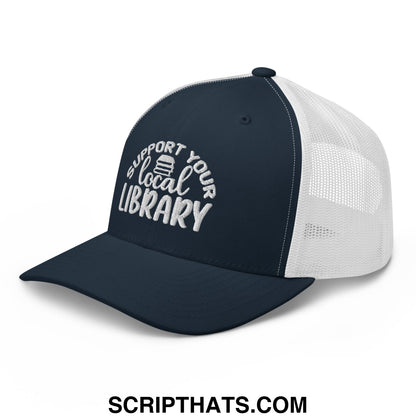 Navy blue and white mesh trucker hat with embroidered support your local library text in curved script design