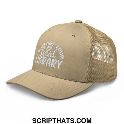 Beige mesh trucker hat with white embroidered support your local library text and small book icon