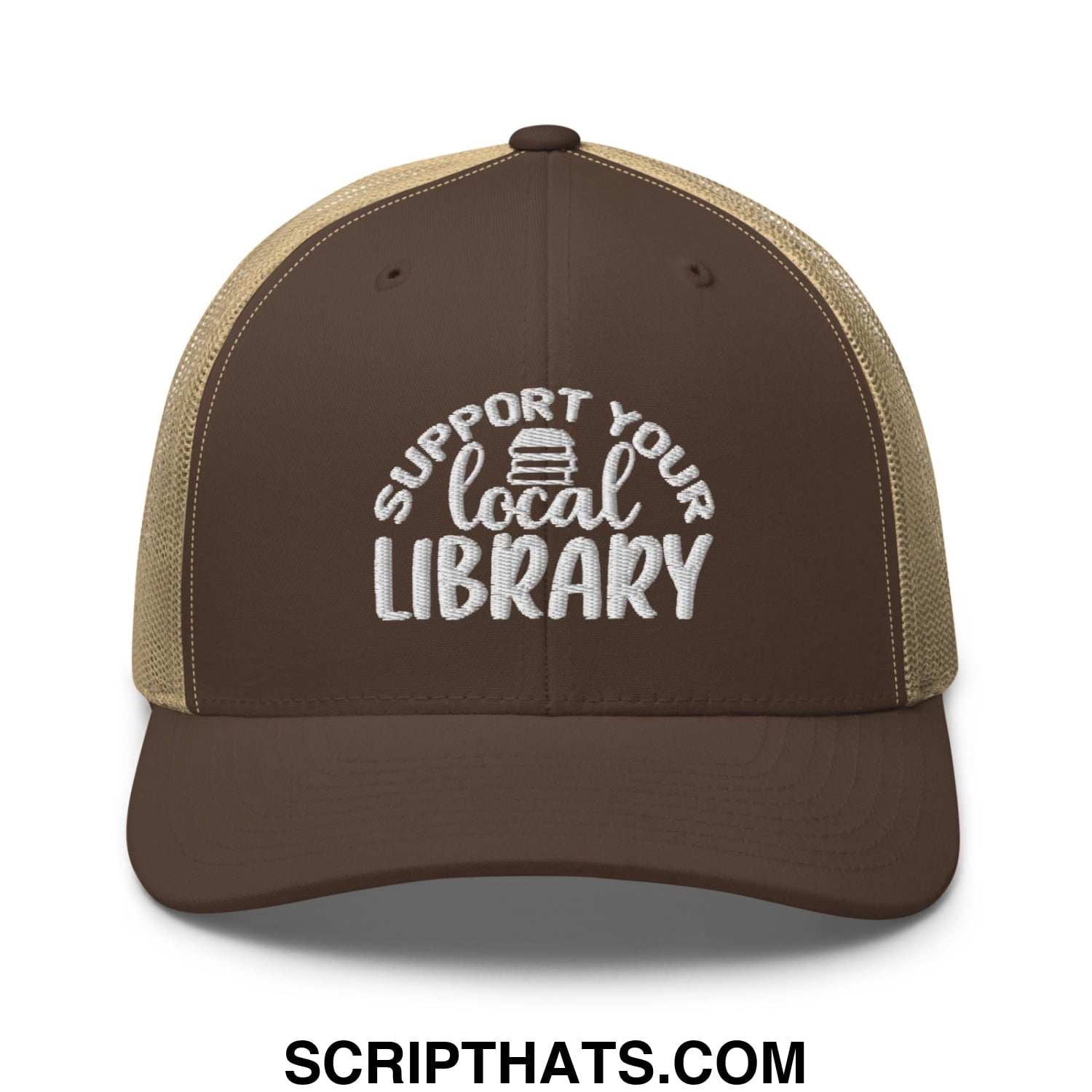 Brown and tan mesh trucker hat with white embroidered support your local library text above a stack of books