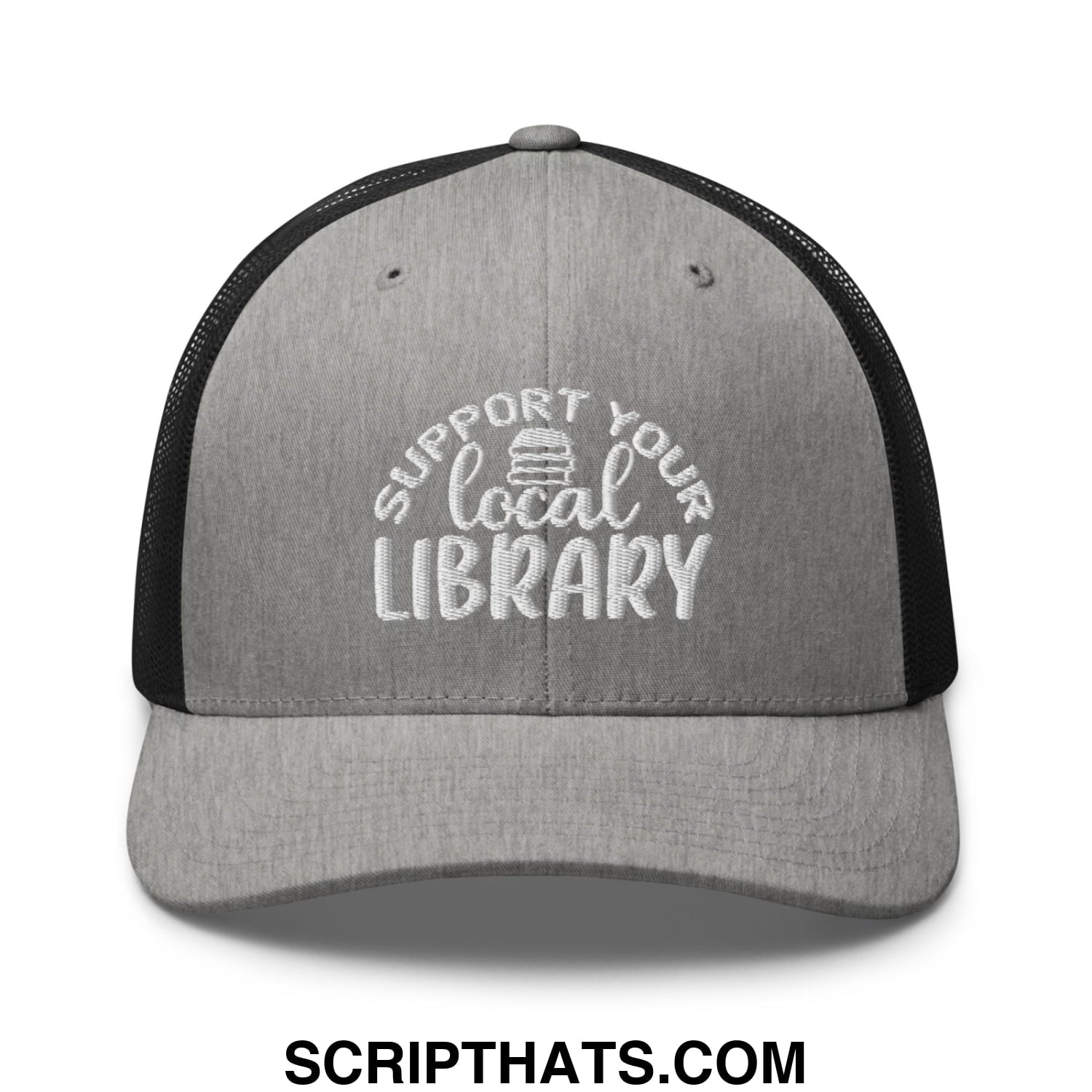 Gray and black mesh trucker hat with white embroidered support your local library text front design