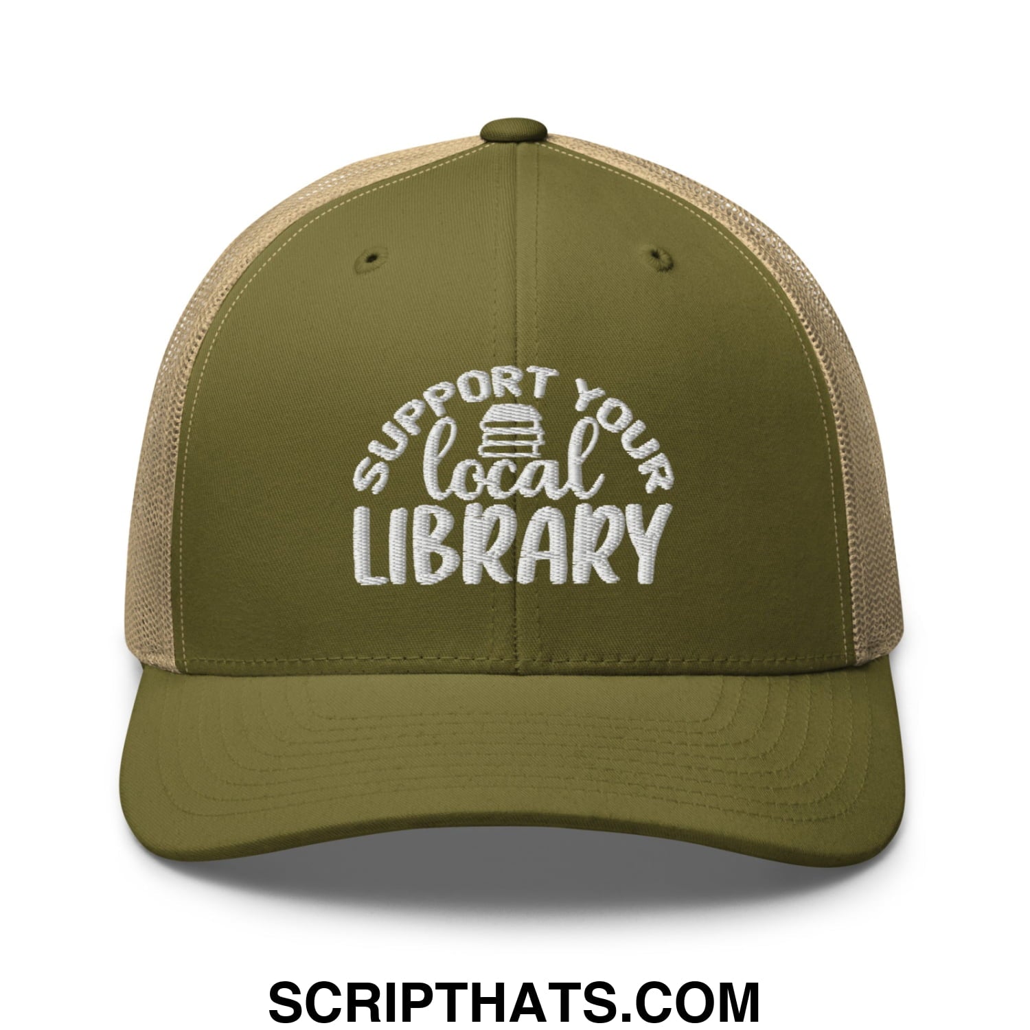 Olive green and tan mesh trucker hat with white embroidered support your local library text and adjustable snapback