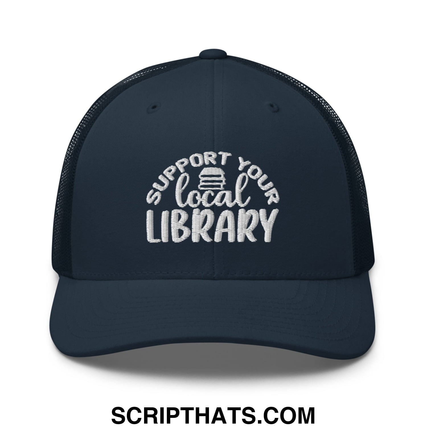 Dark navy mesh trucker hat with white embroidered support your local library text and small book icon above local