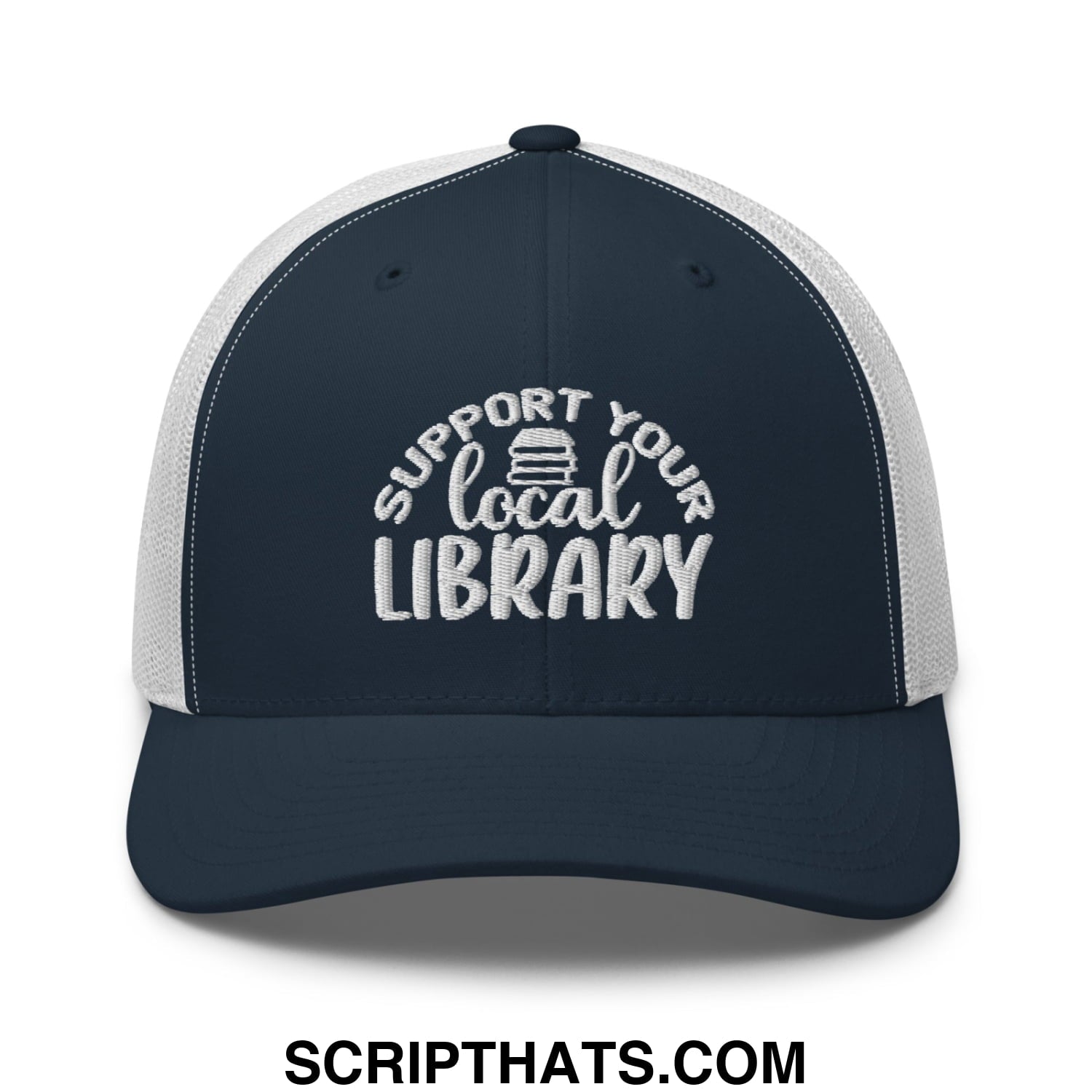 Navy blue and white mesh trucker hat with embroidered support your local library text in a curved design