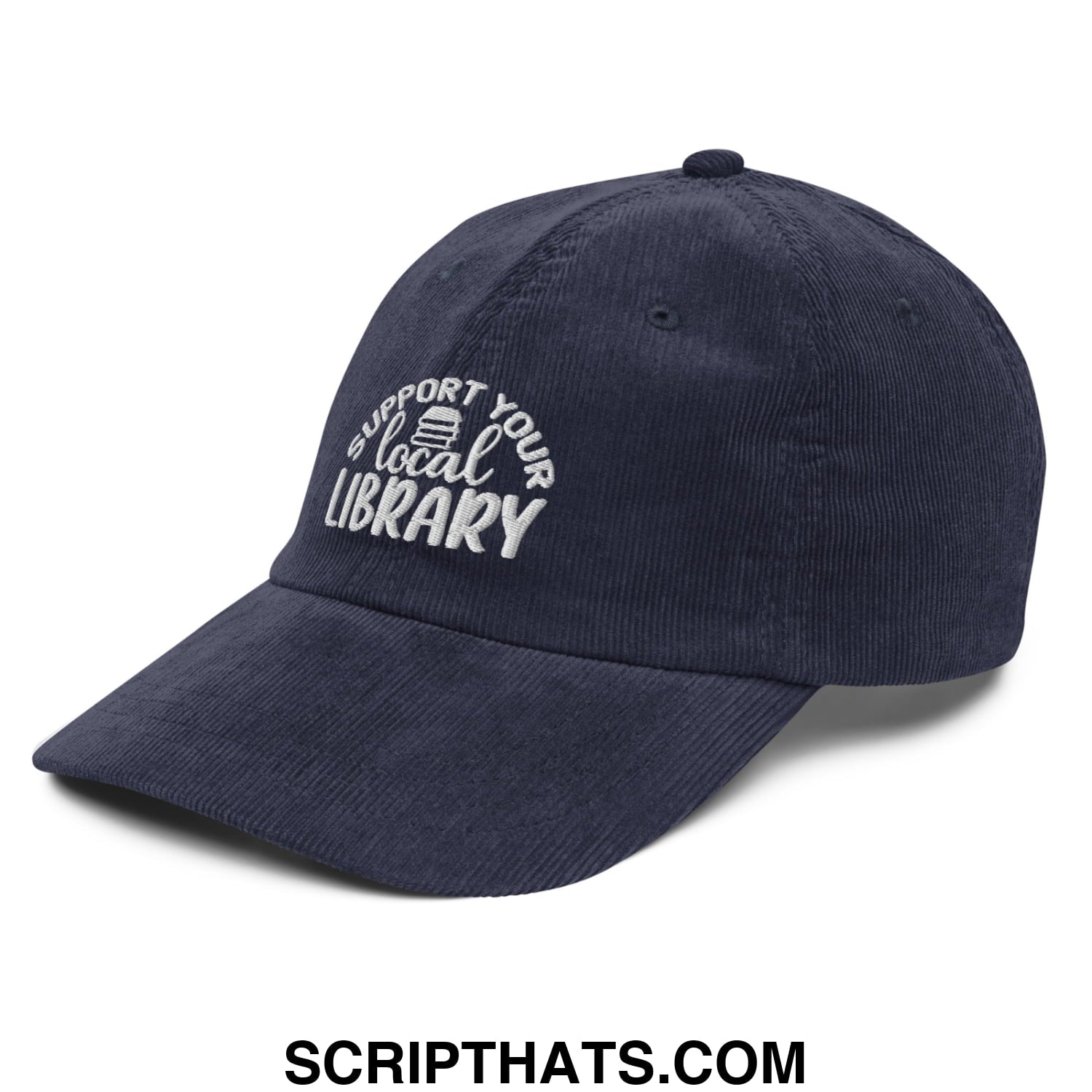 Navy blue corduroy unstructured dad hat with white embroidered support your local library text and small book icon