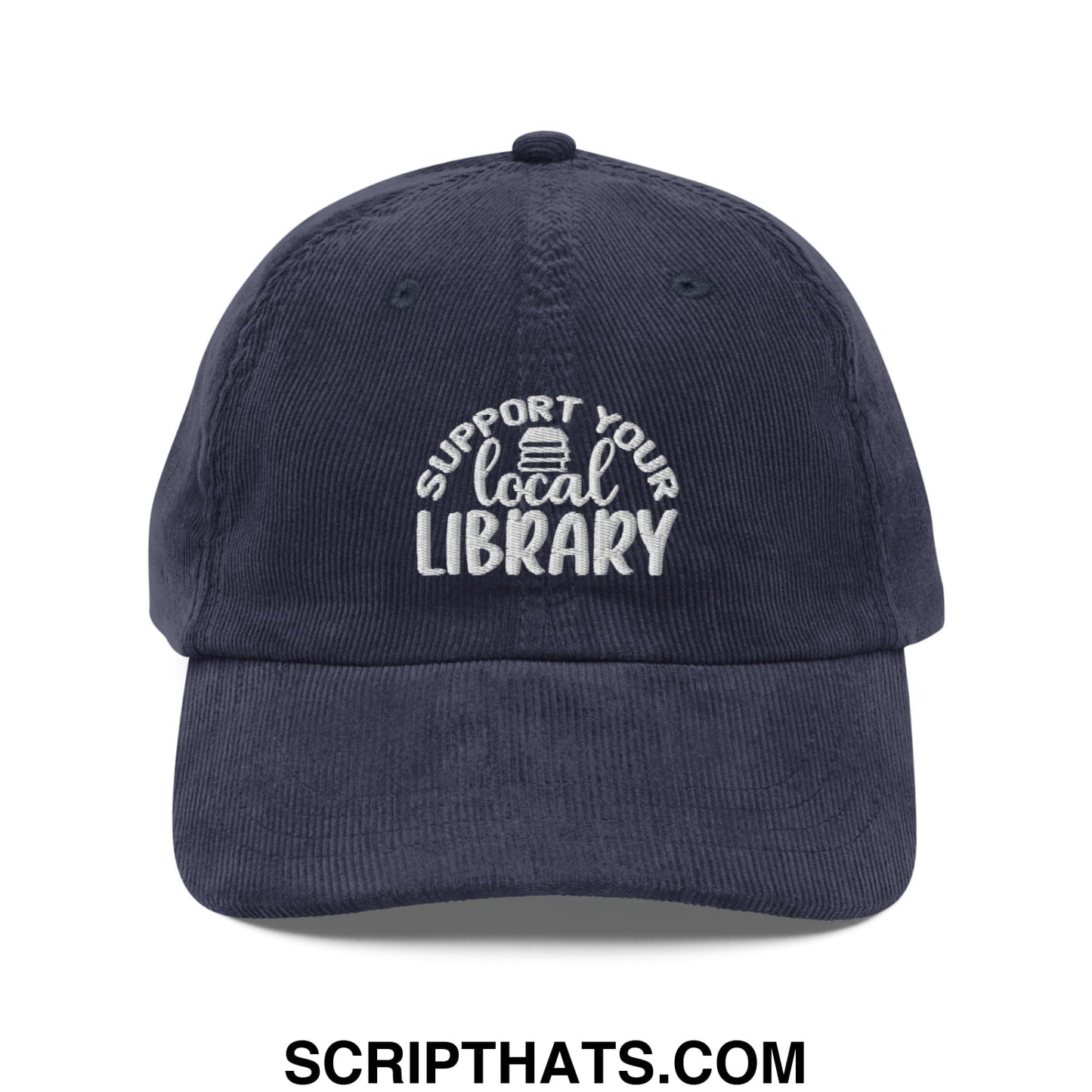 Navy blue corduroy baseball cap with white embroidered support your local library text and book icon on front panel