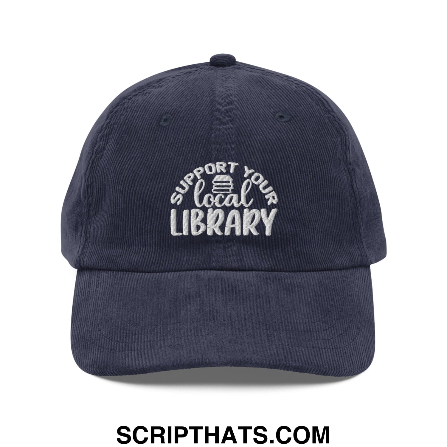 Navy blue corduroy baseball cap with white embroidered support your local library text and book icon on front panel