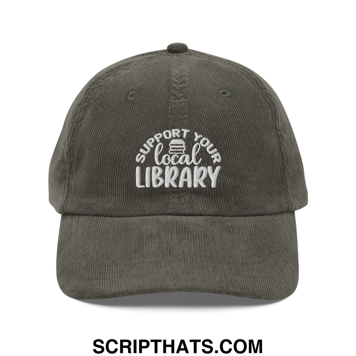Olive green corduroy support your local library embroidered unstructured dad hat with book icon on front