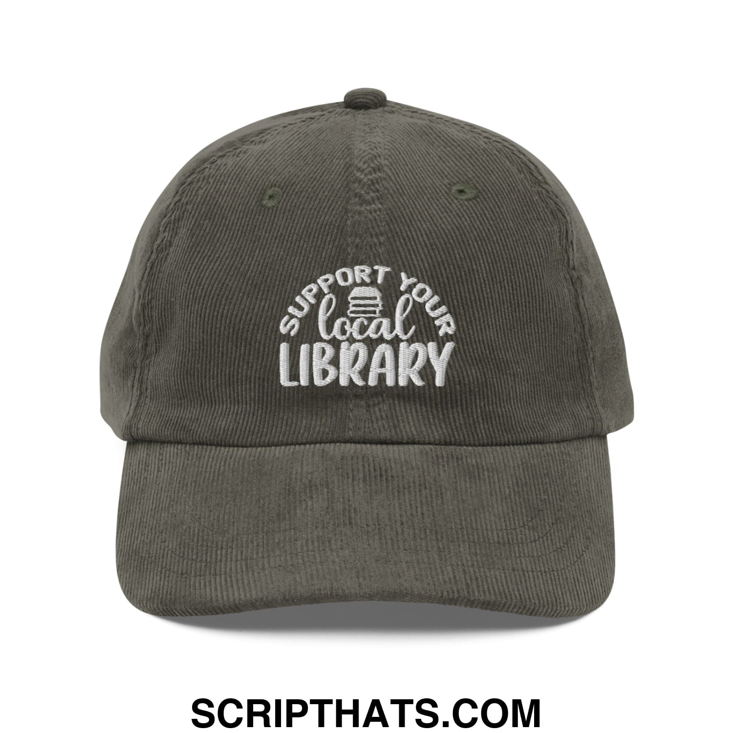 Olive green corduroy support your local library embroidered unstructured dad hat with book icon on front