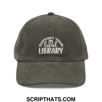 Olive green corduroy support your local library embroidered unstructured dad hat with book icon on front