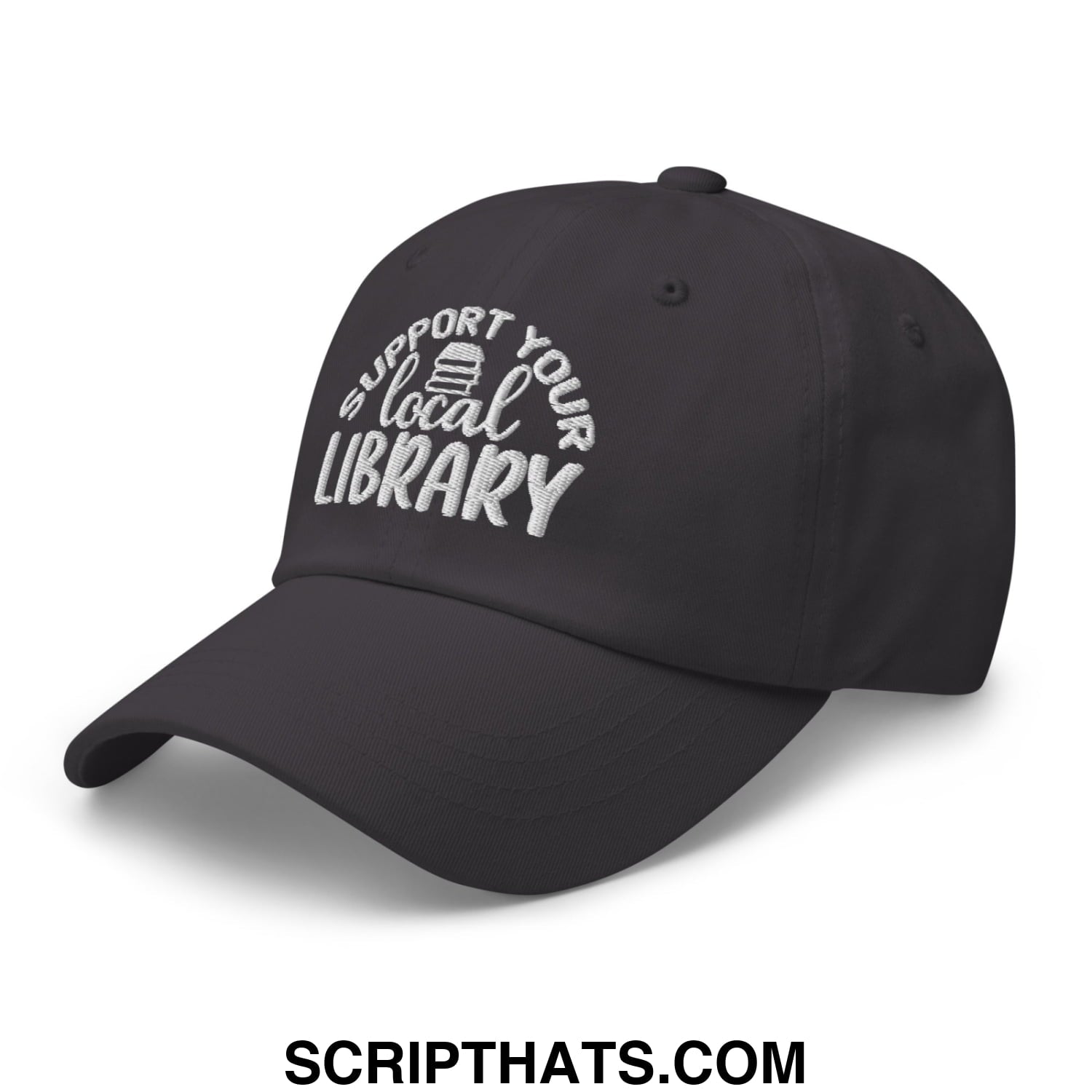 Black unstructured dad hat with white embroidered support your local library text and a small book icon