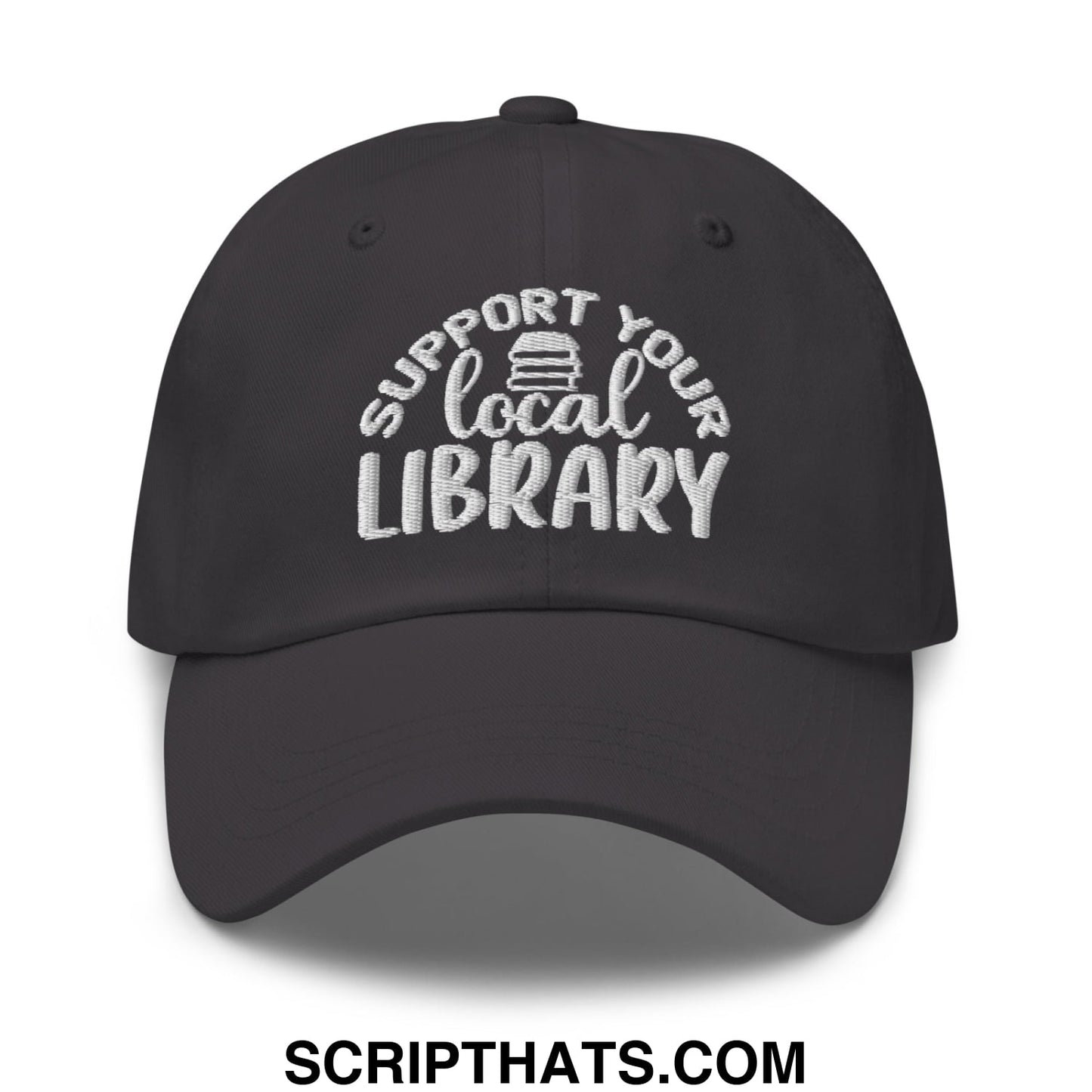 Black embroidered support your local library text dad hat with stack of books icon unstructured cotton cap