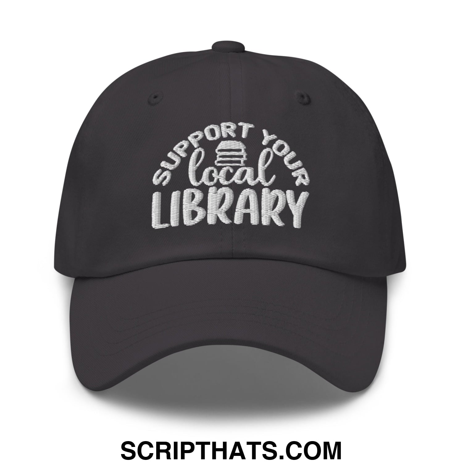 Black embroidered support your local library text dad hat with stack of books icon unstructured cotton cap