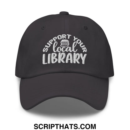 Black embroidered support your local library text dad hat with stack of books icon unstructured cotton cap