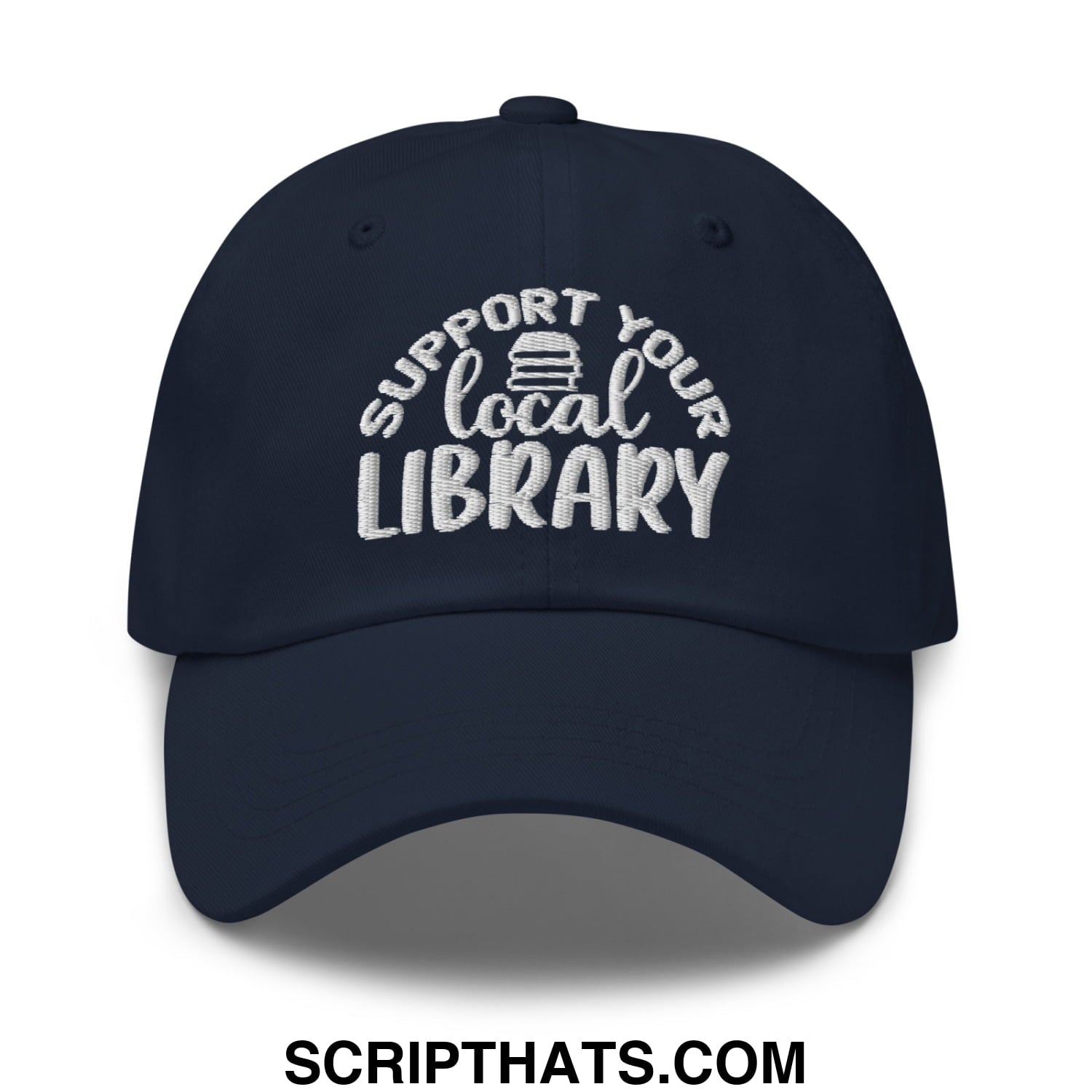 Navy blue embroidered unstructured dad hat with white support your local library text and stack of books icon
