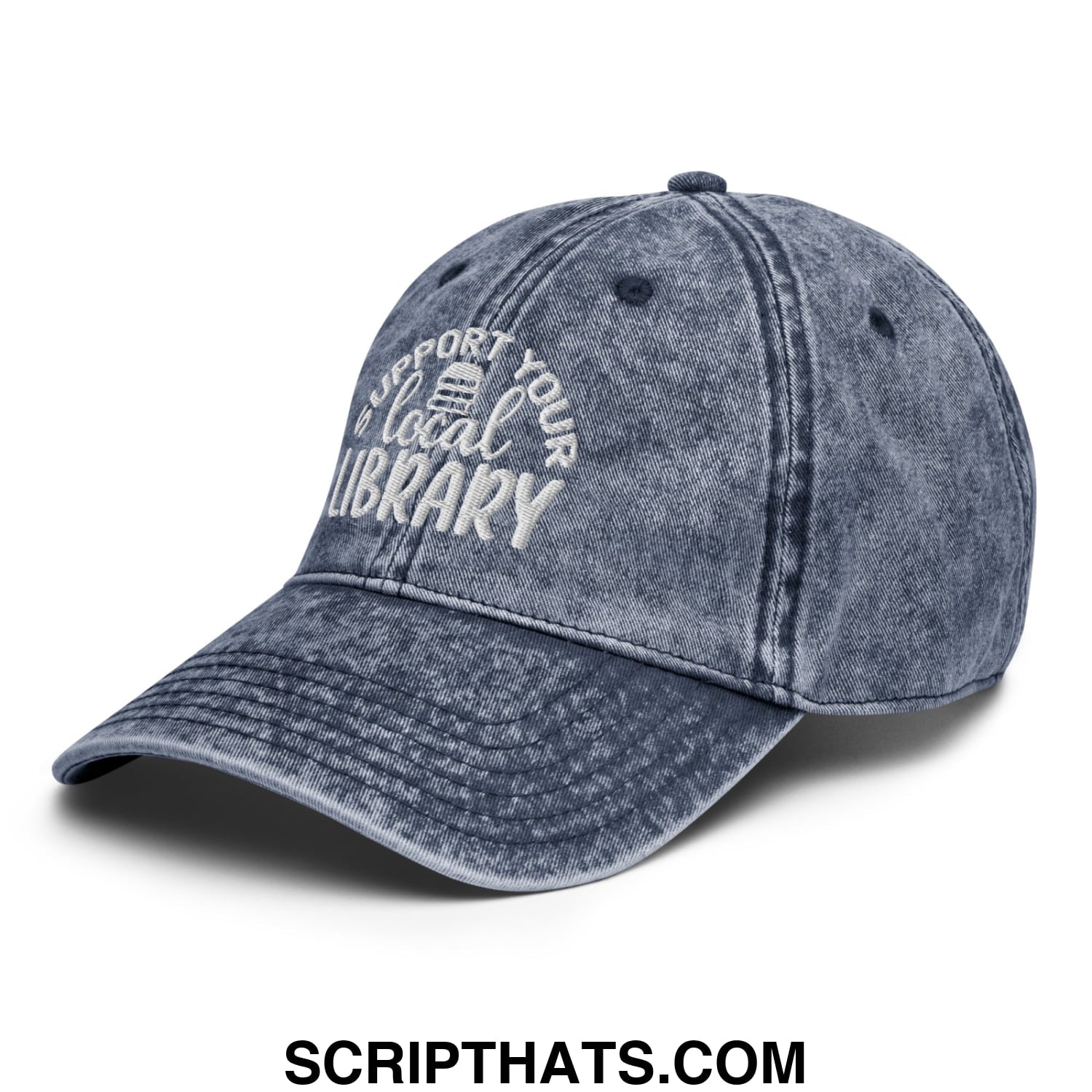 Faded blue denim dad hat embroidered with support your local library text and a small library building icon