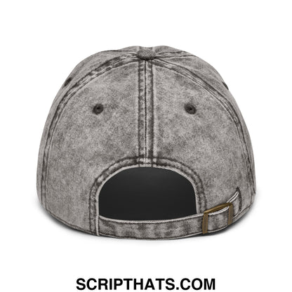 Back view of a faded gray denim support your local library embroidered unstructured dad hat with stitched panel and brass buckle