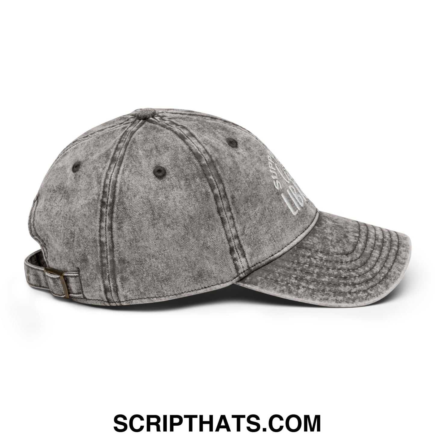 A faded gray denim dad hat with stitched brim and white embroidered text supporting your local library