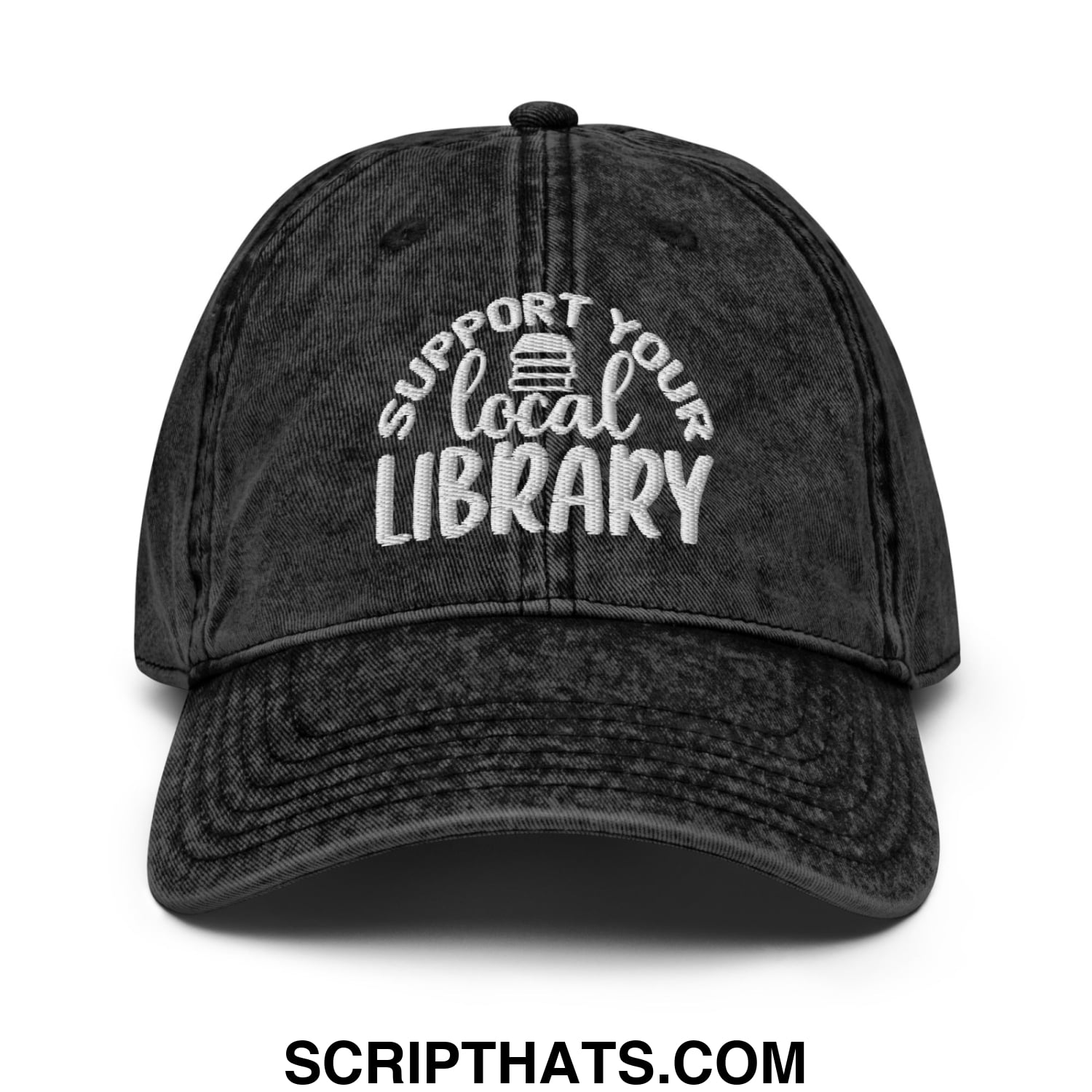 Black distressed denim dad hat with white embroidered support your local library text and book icon above local