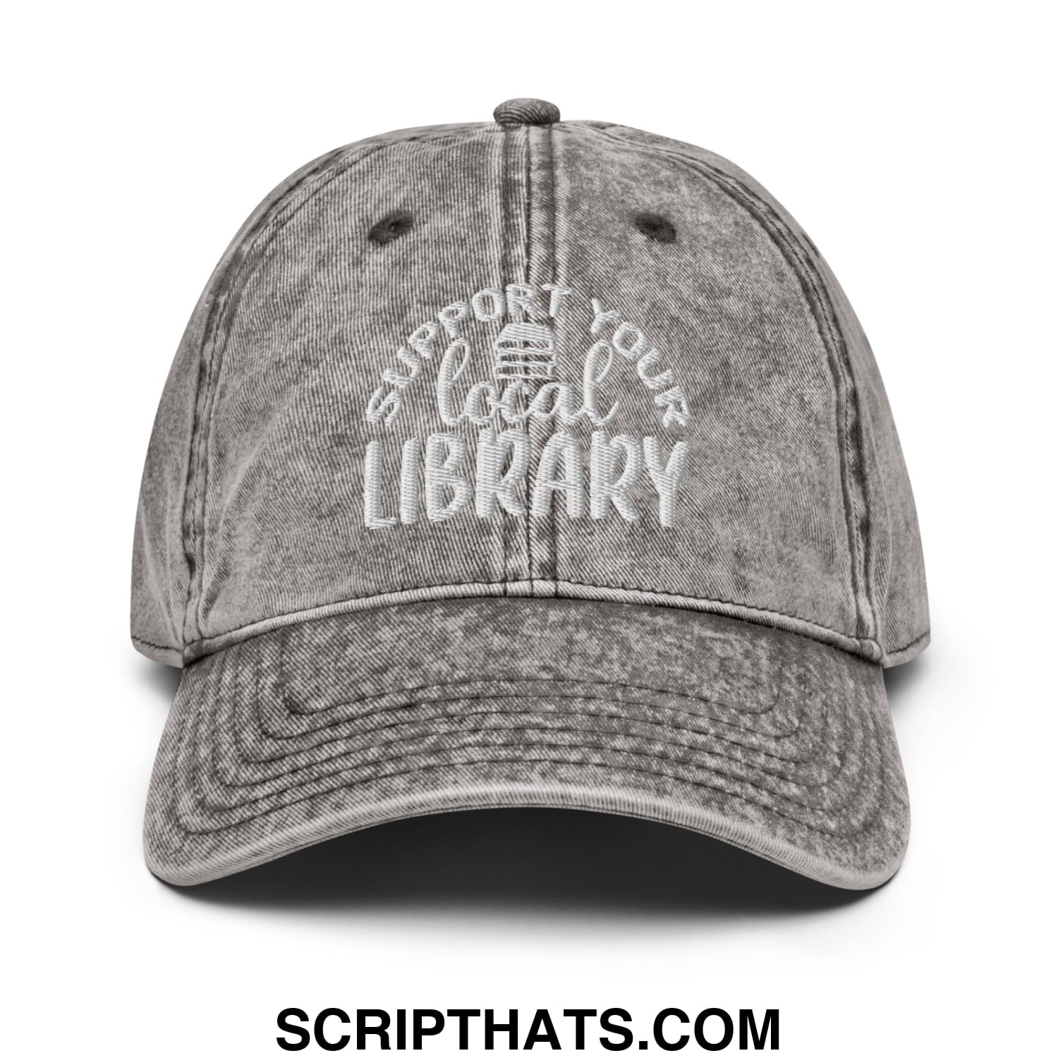A faded gray unstructured denim dad hat with white embroidered text support your local library and a library icon