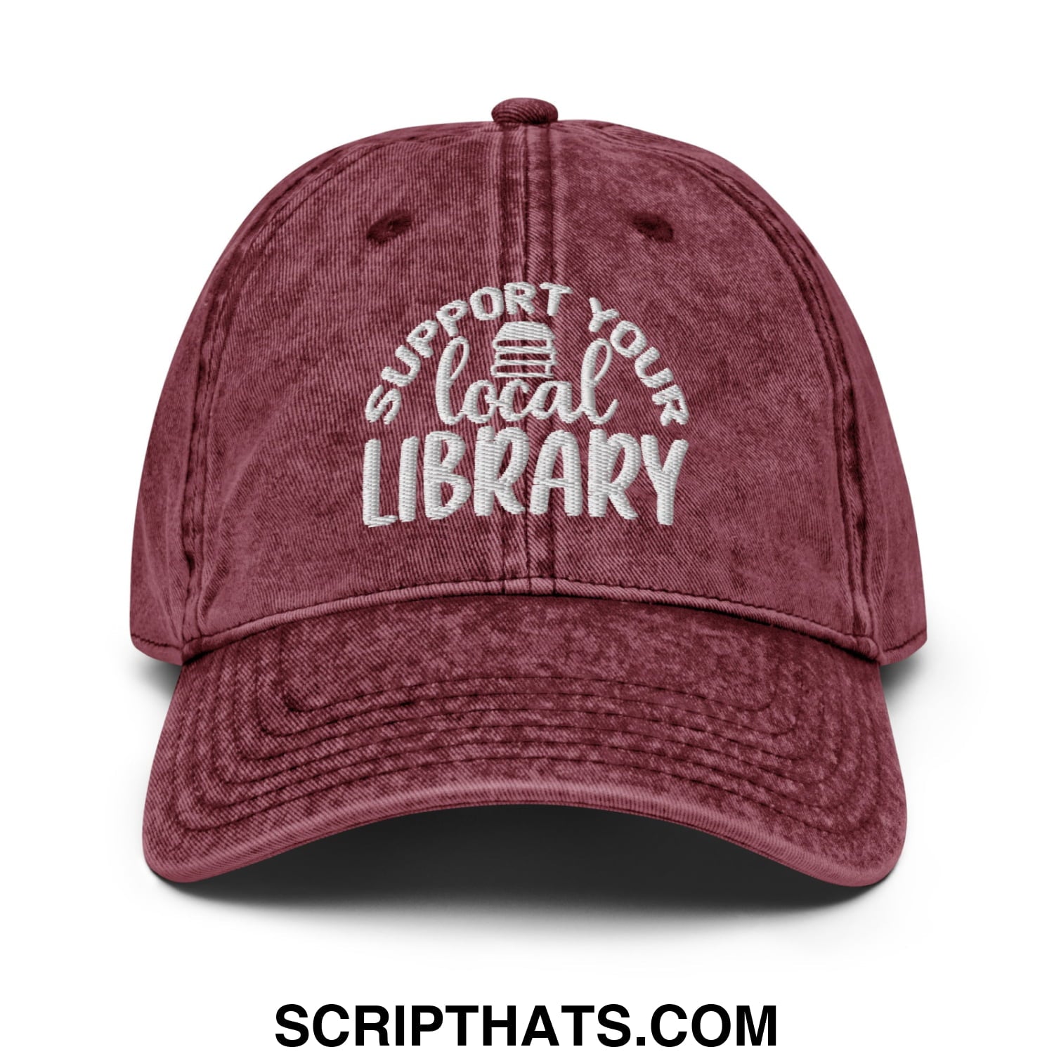 Maroon distressed cotton baseball cap with white embroidered support your local library text and book icon