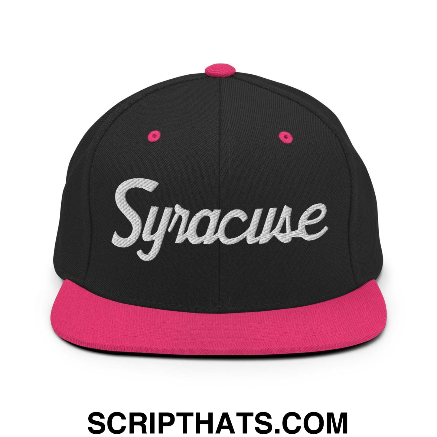 Syracuse Script Snapback Hat Black Neon Pink