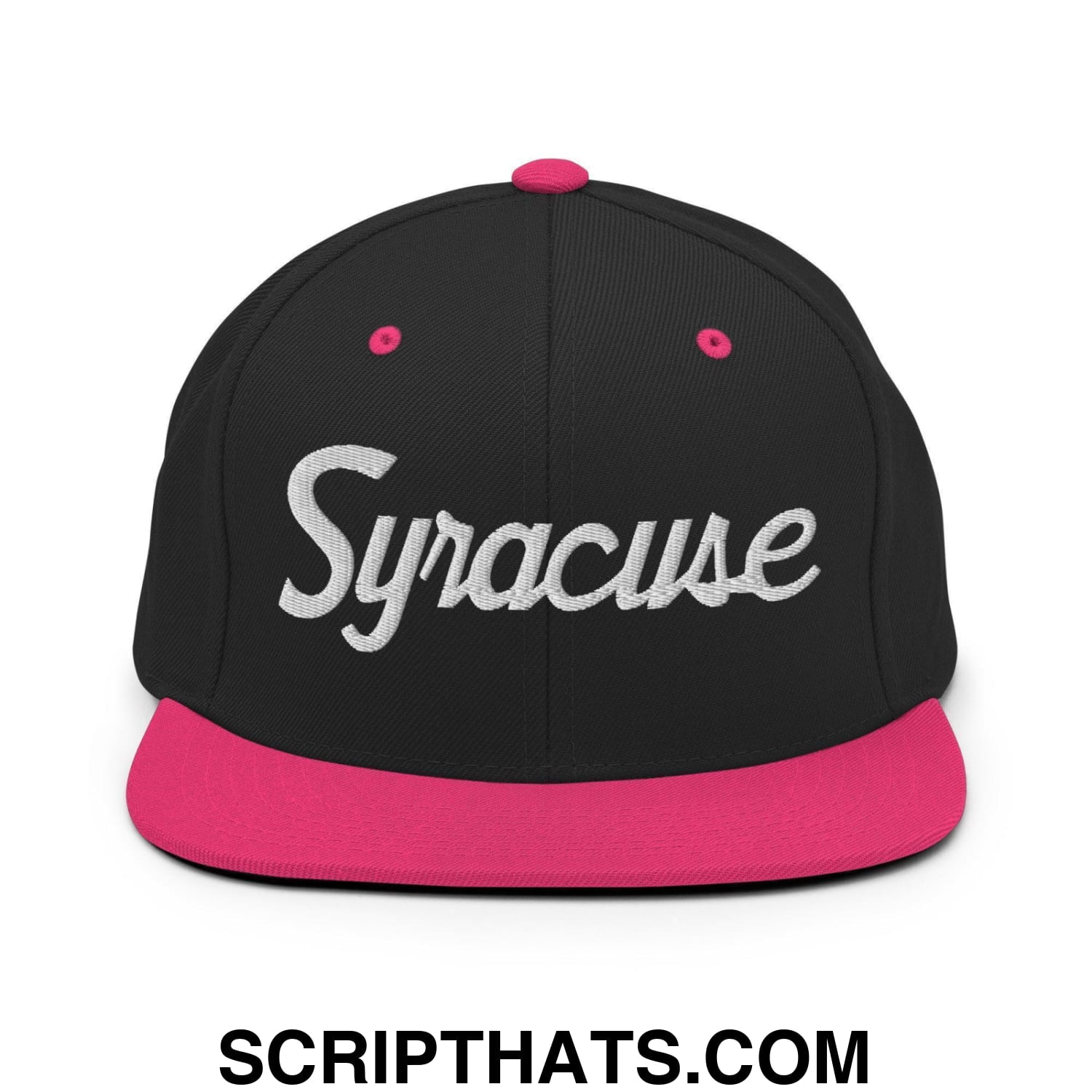 Syracuse Script Snapback Hat Black Neon Pink