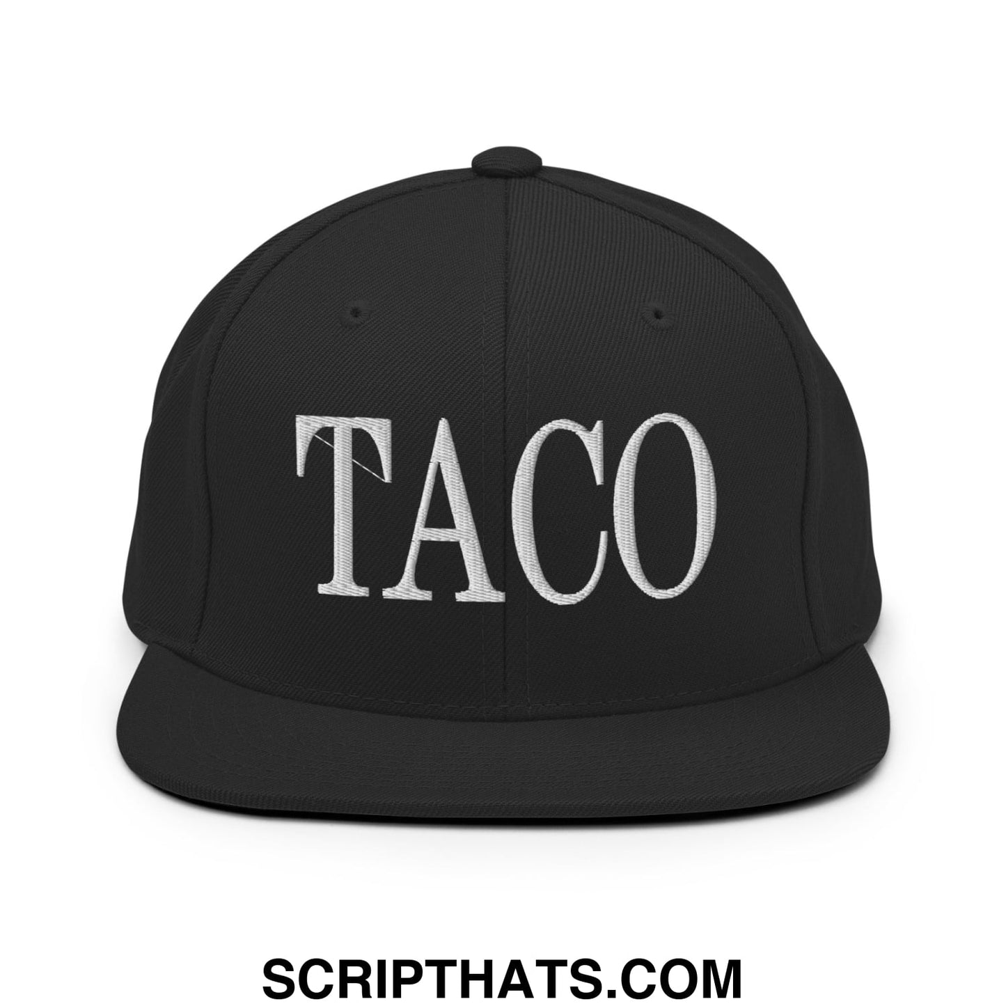 Black snapback hat with white embroidered taco lettering and flat bill brim made from durable fabric