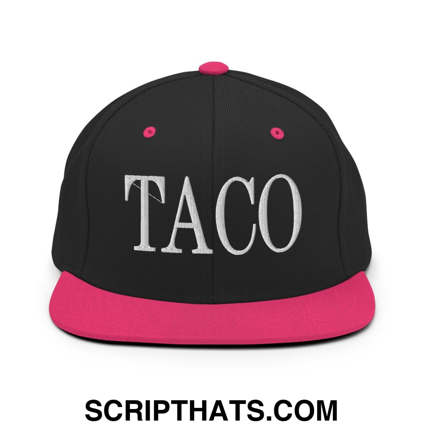 Taco Embroidered Flat Bill Brim Snapback Hat Black Neon Pink