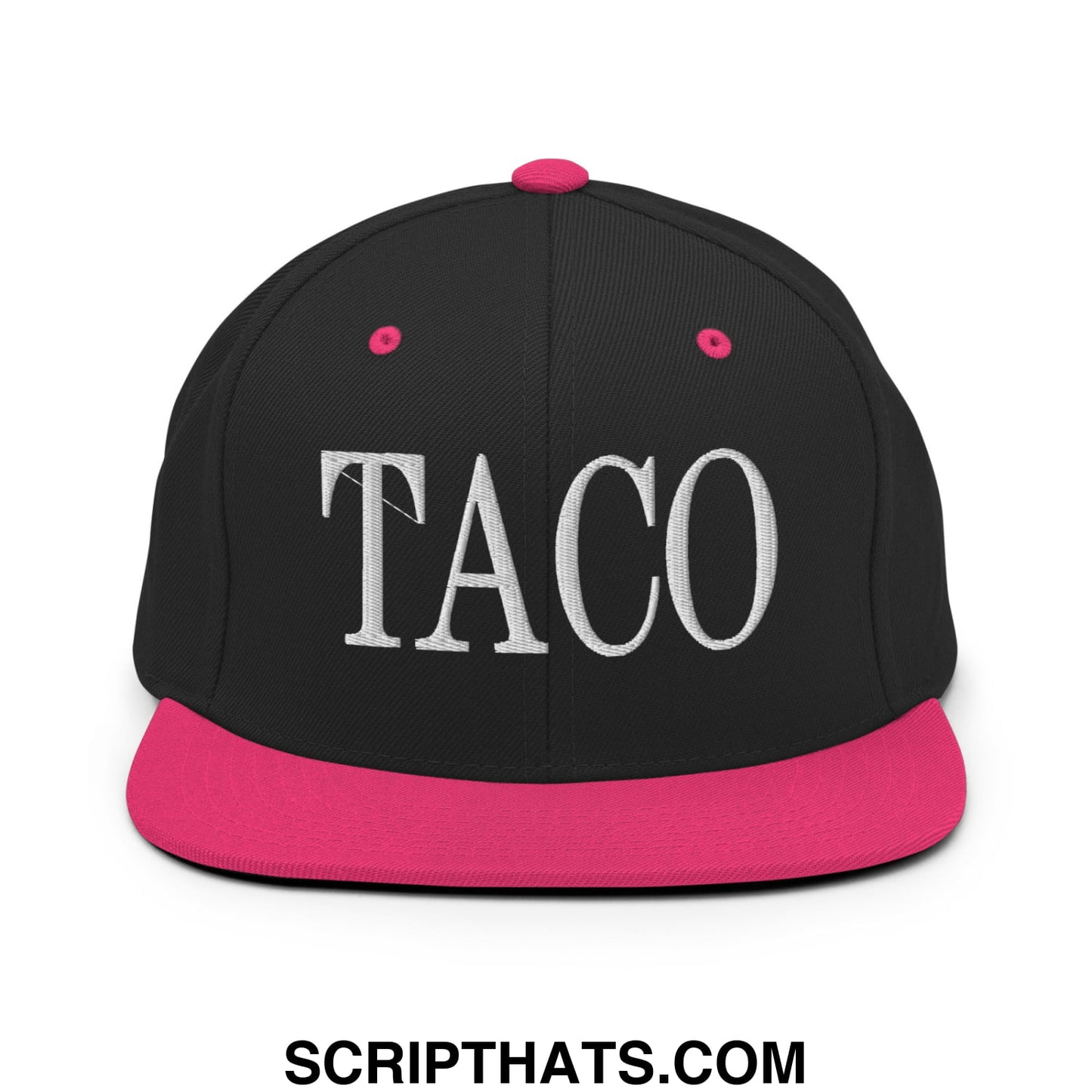 Black snapback cap with vibrant pink flat bill brim and taco embroidered in bold white lettering