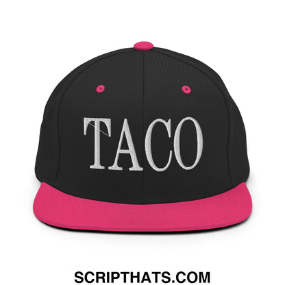 Black snapback cap with vibrant pink flat bill brim and taco embroidered in bold white lettering