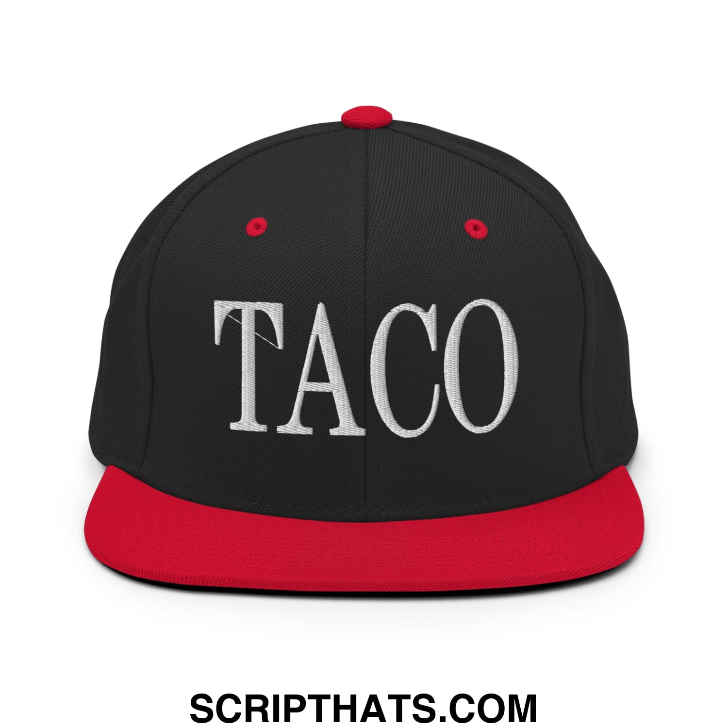 Black and red snapback hat with taco embroidered in white thread on the front and a flat bill brim