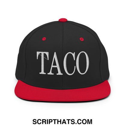 Black and red snapback hat with taco embroidered in white thread on the front and a flat bill brim