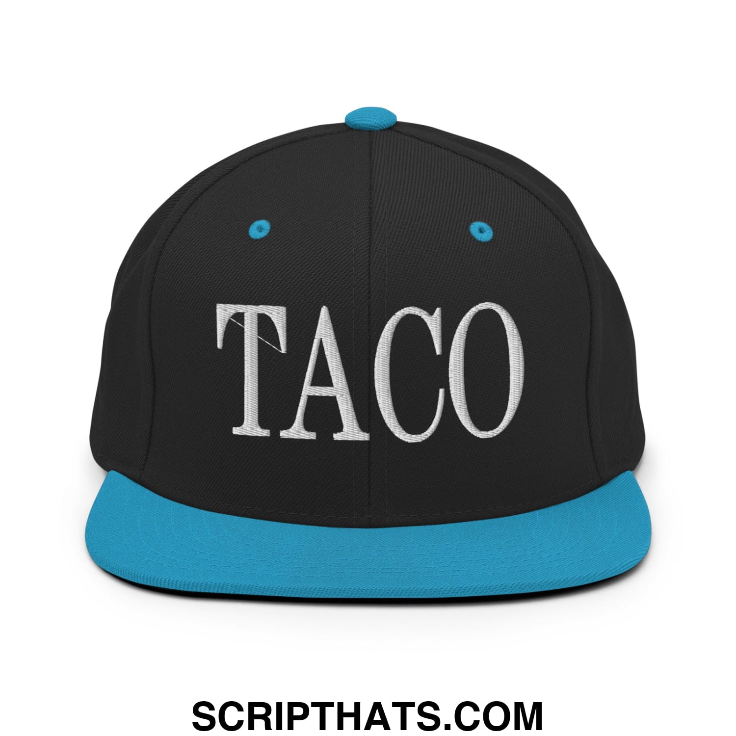 Black snapback cap with turquoise brim and button featuring white taco embroidery on flat bill brim snapback hat