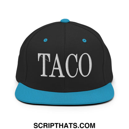 Black snapback cap with turquoise brim and button featuring white taco embroidery on flat bill brim snapback hat