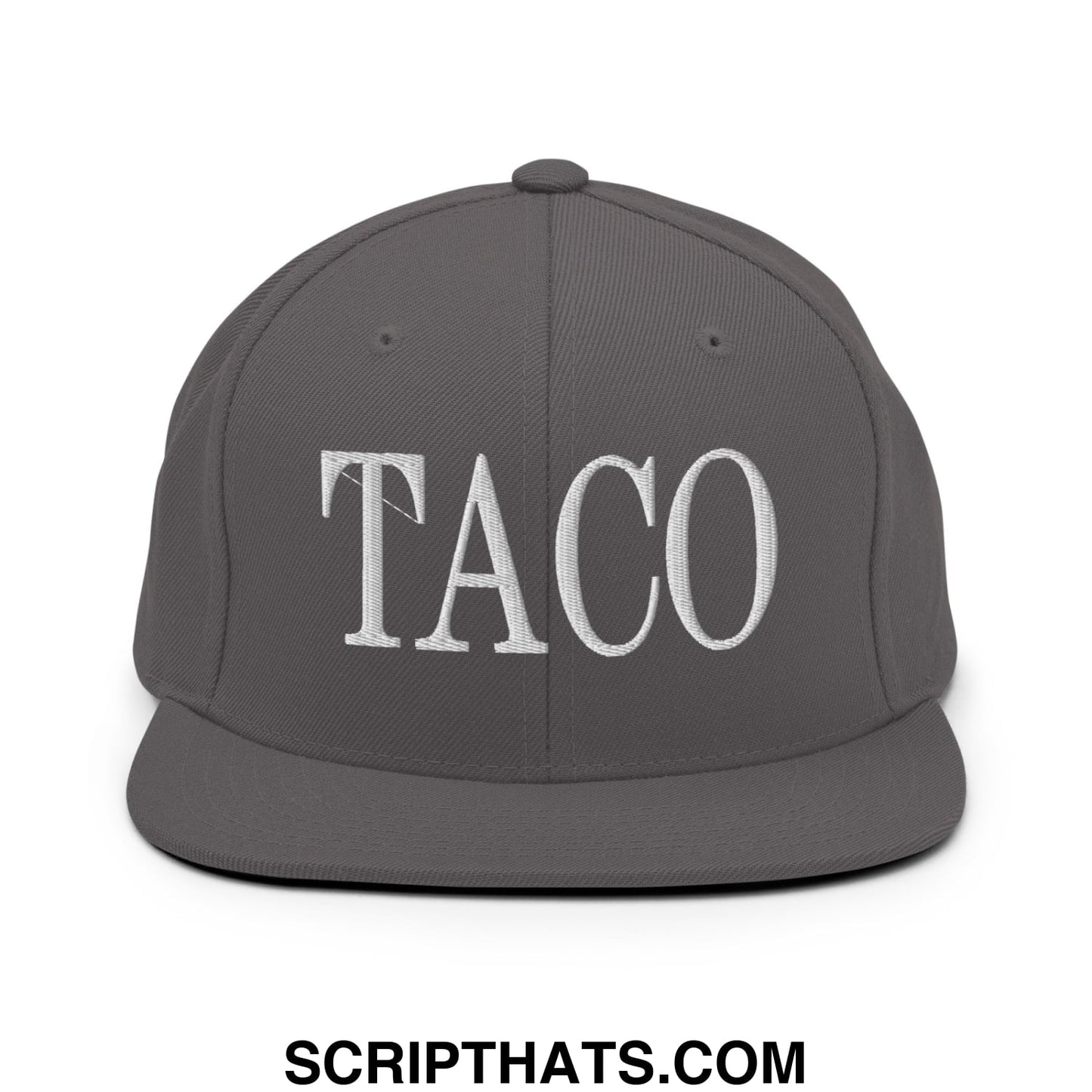 Gray snapback hat with white embroidered taco lettering and a flat bill brim for casual wear