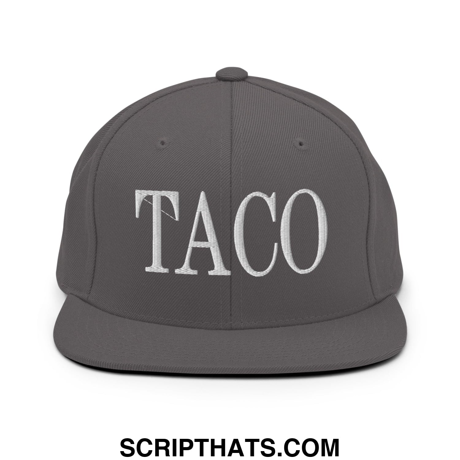 Gray snapback hat with white embroidered taco lettering and a flat bill brim for casual wear