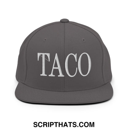 Gray snapback hat with white embroidered taco lettering and a flat bill brim for casual wear