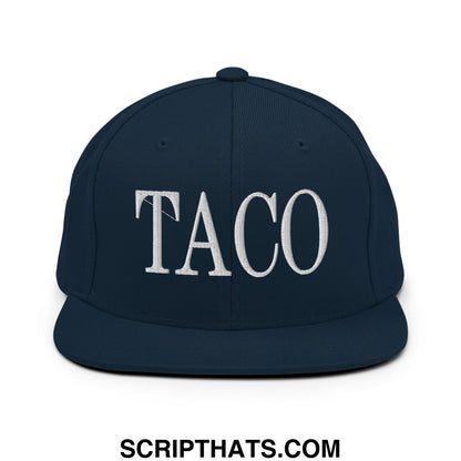 Navy blue snapback hat with white embroidered taco lettering and flat bill brim for casual wear