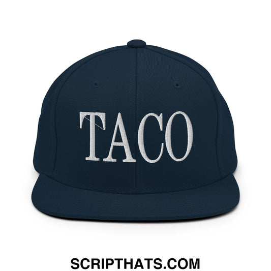 Navy blue snapback hat with white embroidered taco lettering and flat bill brim for casual wear