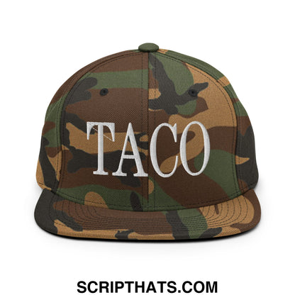 A camouflage snapback cap with flat bill brim embroidered with the word taco in white lettering on front
