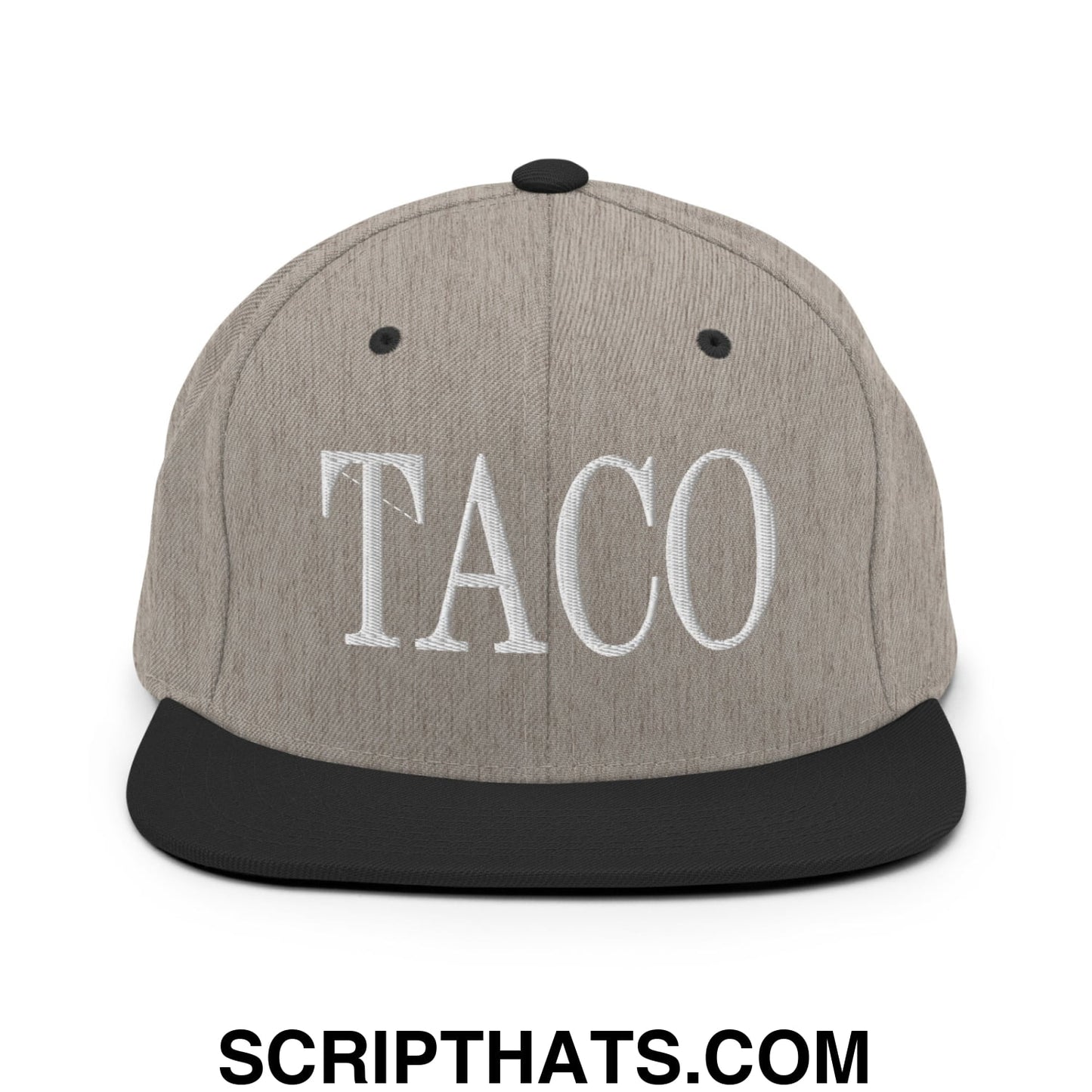 Taco Embroidered Flat Bill Brim Snapback Hat Heather Black