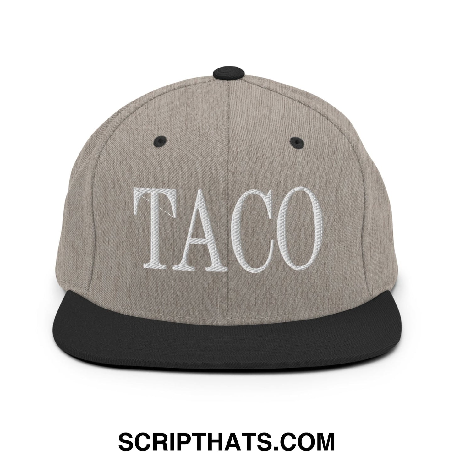 Gray and black snapback hat with white embroidered taco lettering and flat bill brim for casual wear
